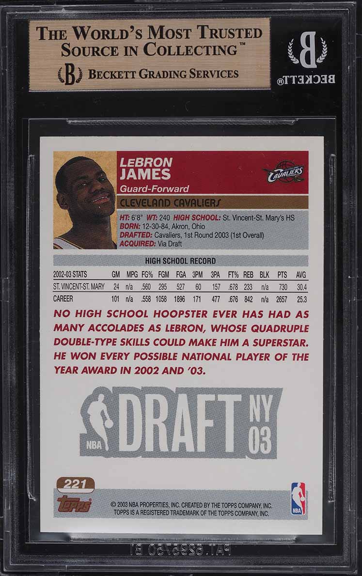 2003 Topps Basketball LeBron James ROOKIE RC #221 BGS 9.5 GEM MINT