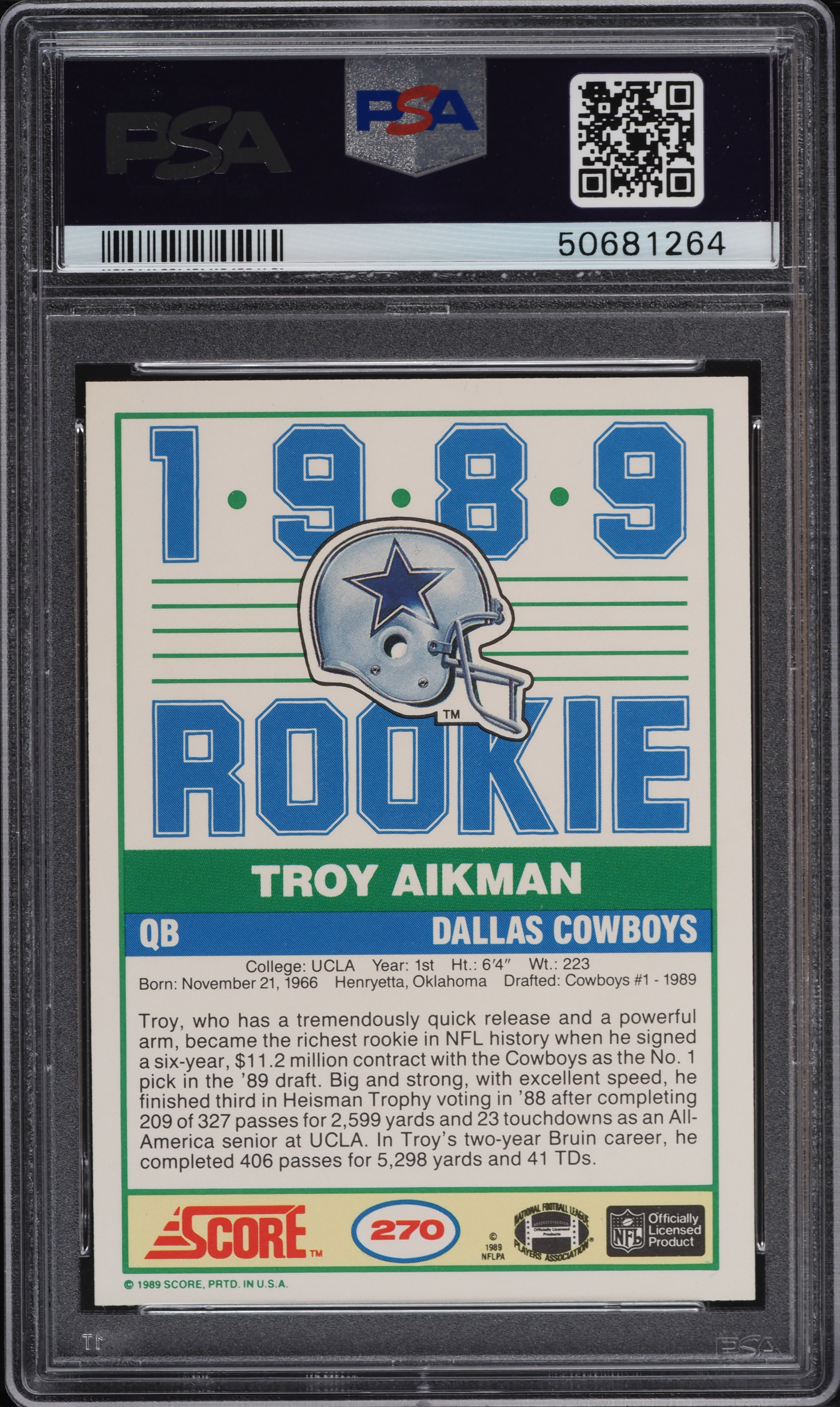 1989 Score Football Troy Aikman ROOKIE #270 PSA 9 MINT on Fanatics