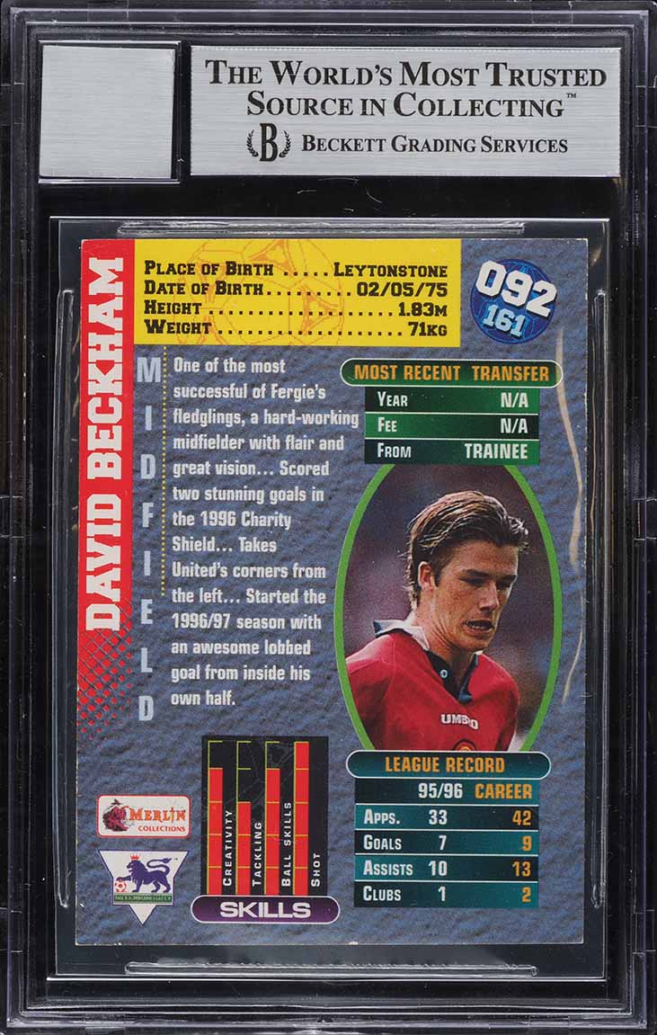 1996 Merlin Premier Gold England David Beckham ROOKIE AUTO #92 BGS 9 MINT