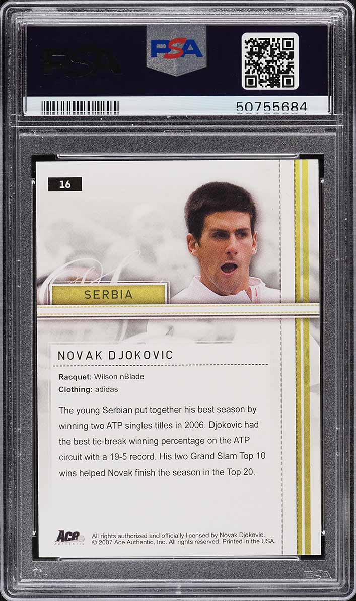 2007 Ace Authentic Straight Sets Novak Djokovic #16 PSA 9 MINT on