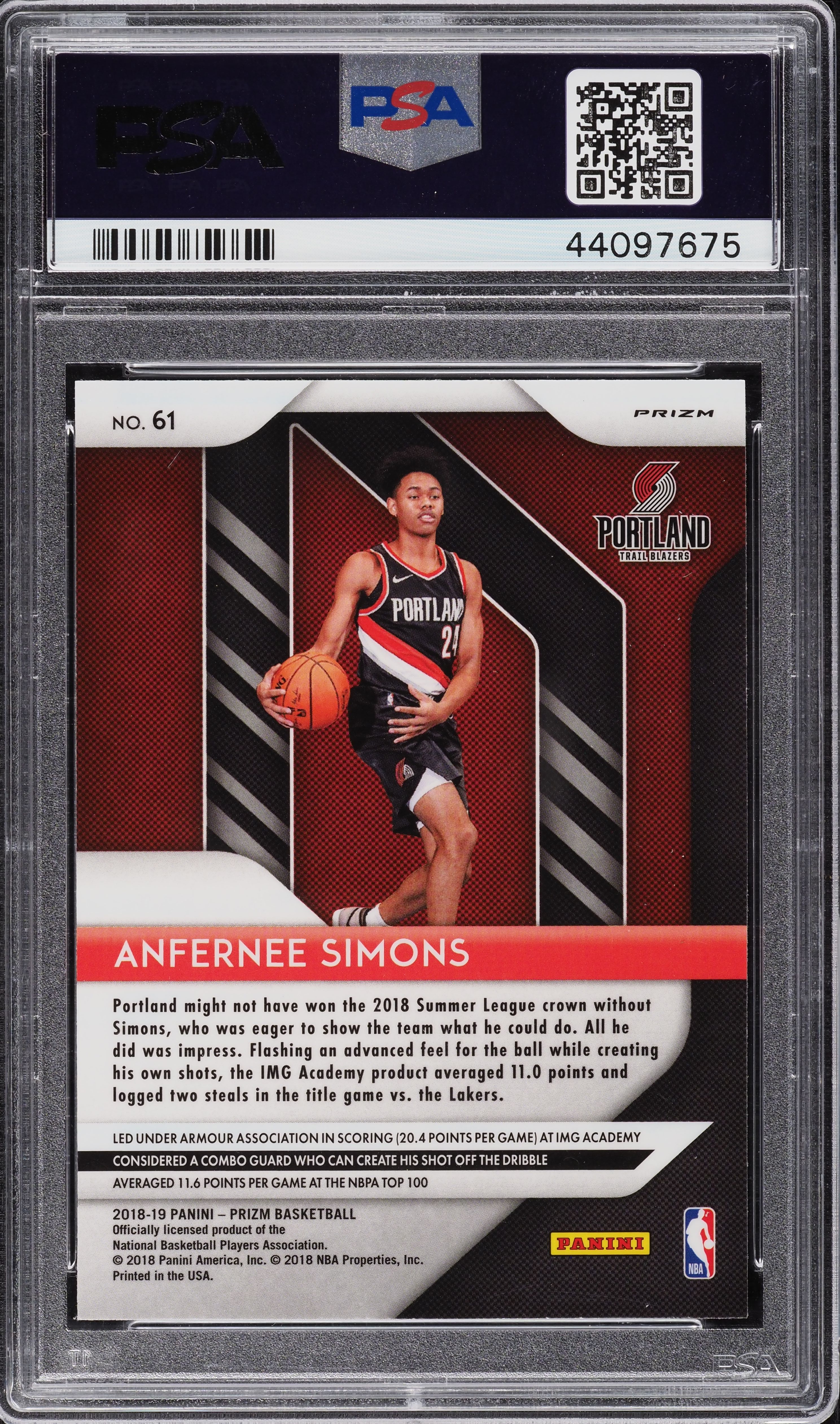 2018 Panini Prizm Silver Anfernee Simons ROOKIE RC #61 PSA 10 GEM