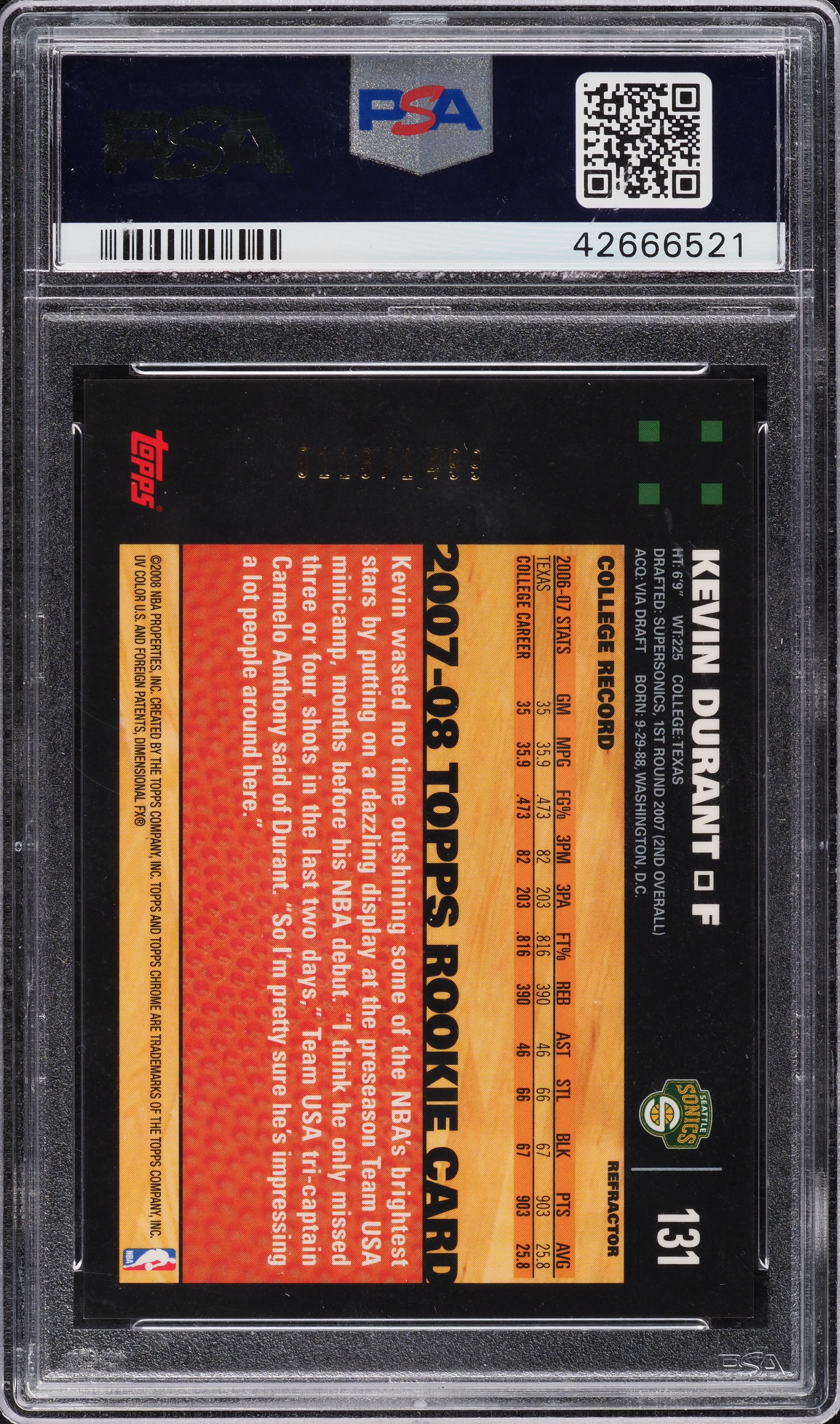 2007 Topps Chrome Refractor Kevin Durant ROOKIE /1499 #131 PSA 10