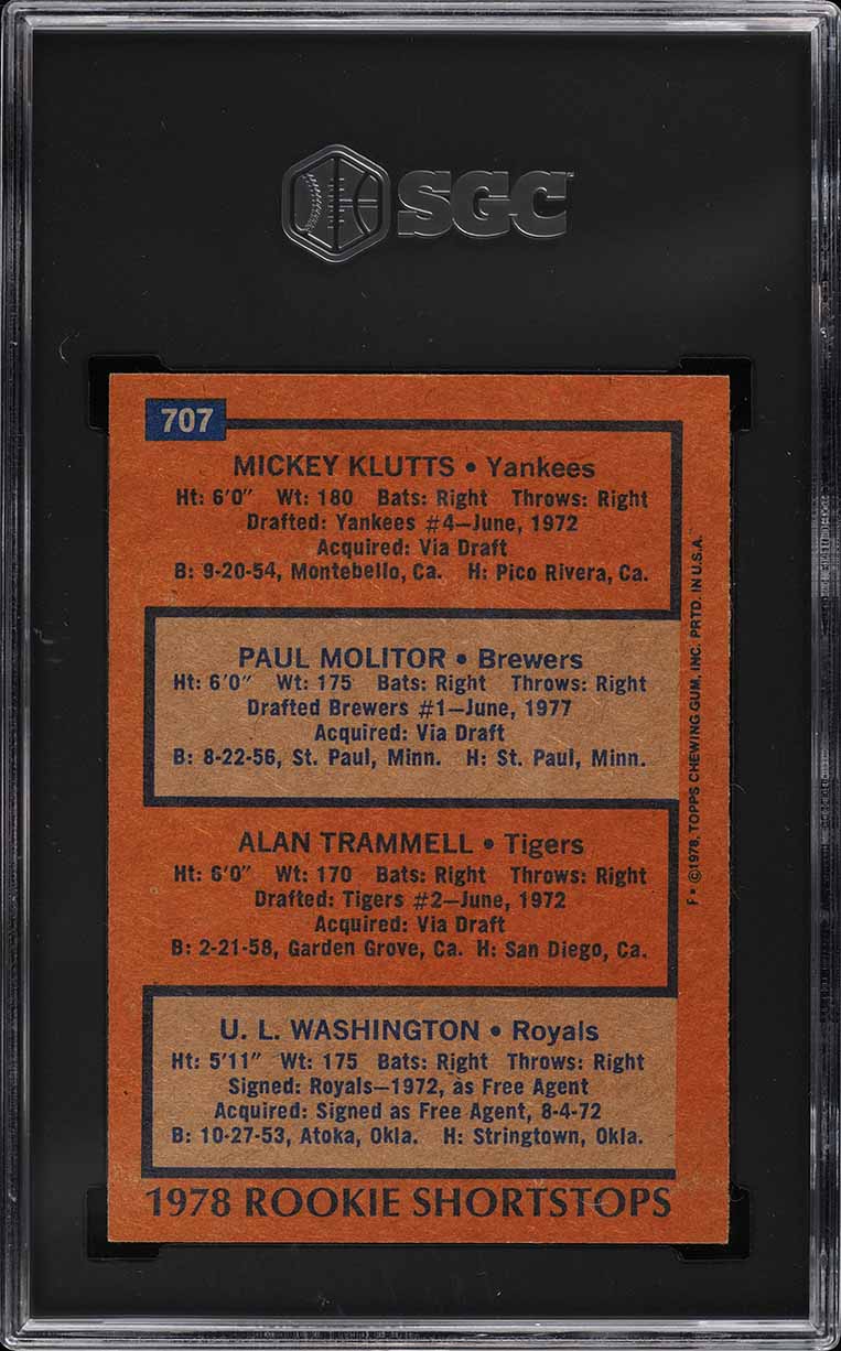 1978 Topps Paul Molitor & Alan Trammell ROOKIE #707 SGC 6.5 EXMT+