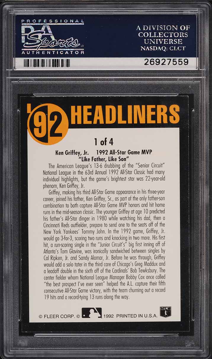 1992 Fleer Update Headliners Ken Griffey Jr. #1 PSA 10 GEM MINT