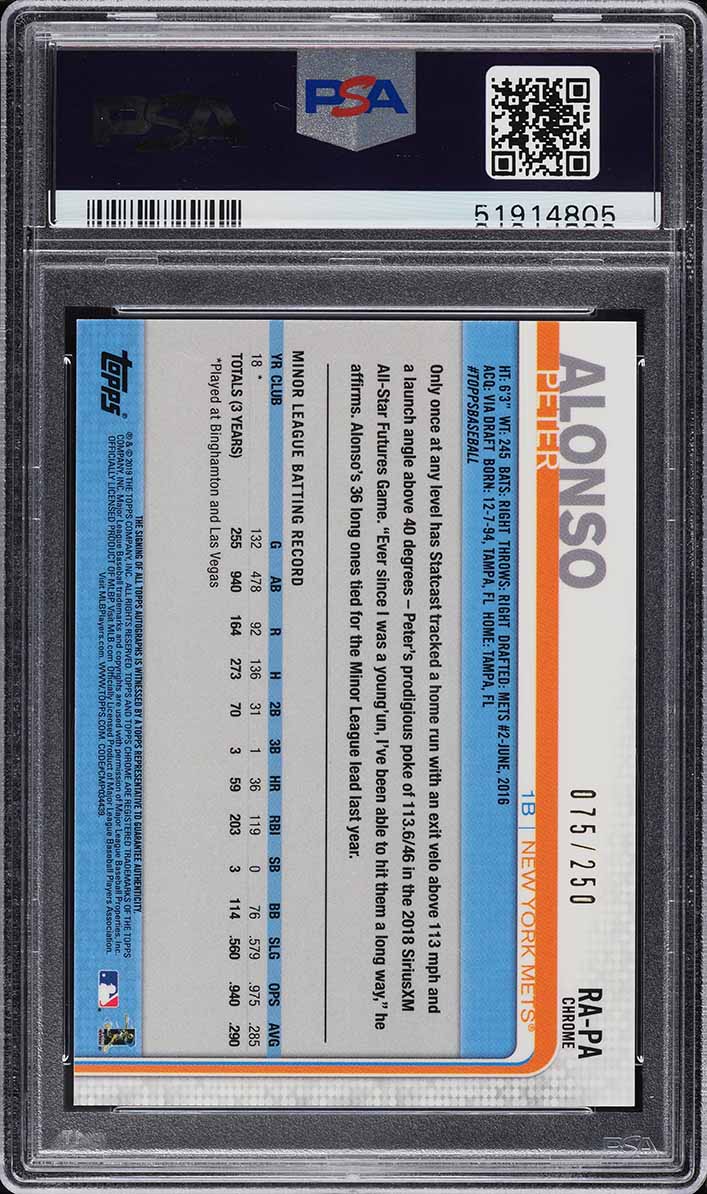 2019 Topps Chrome Purple Refractor Peter Alonso ROOKIE AUTO /250 #RA-PA PSA 10