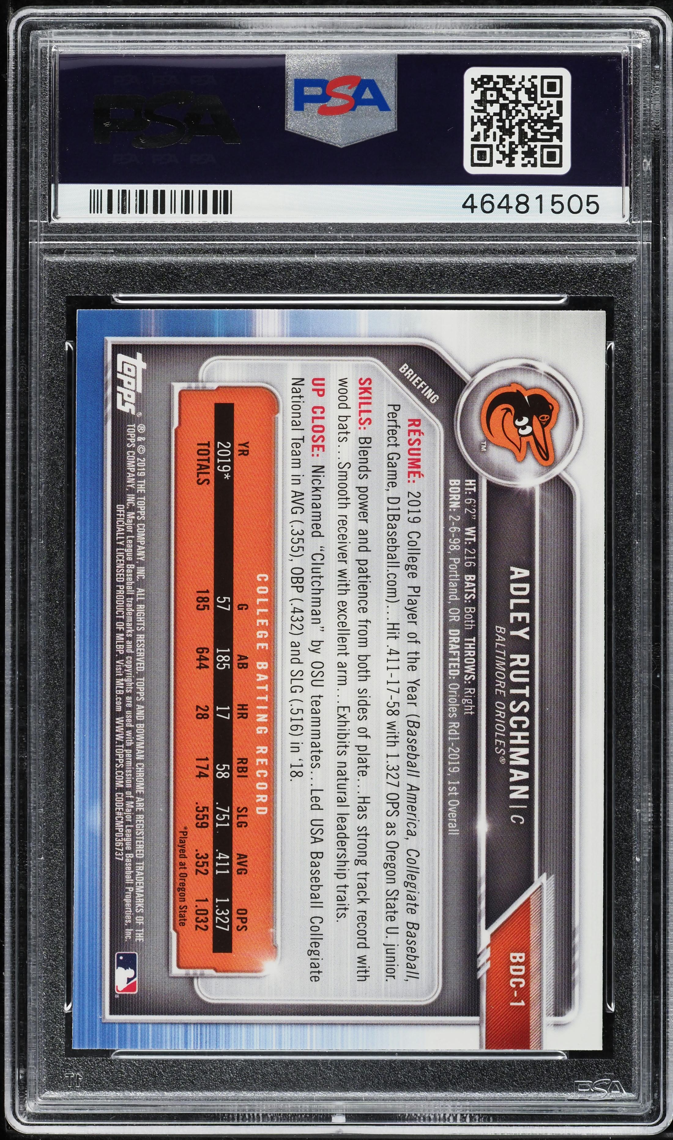 2019 Bowman Chrome Draft Batting Adley Rutschman ROOKIE #BDC1 PSA 9 MINT