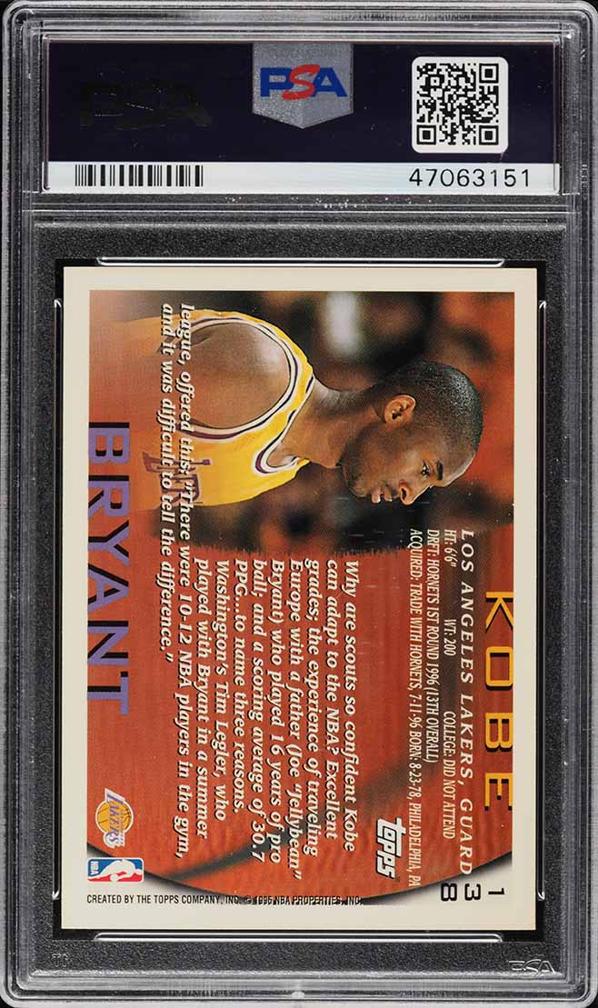 1996 Topps Basketball Kobe Bryant ROOKIE #138 PSA 10 GEM MINT