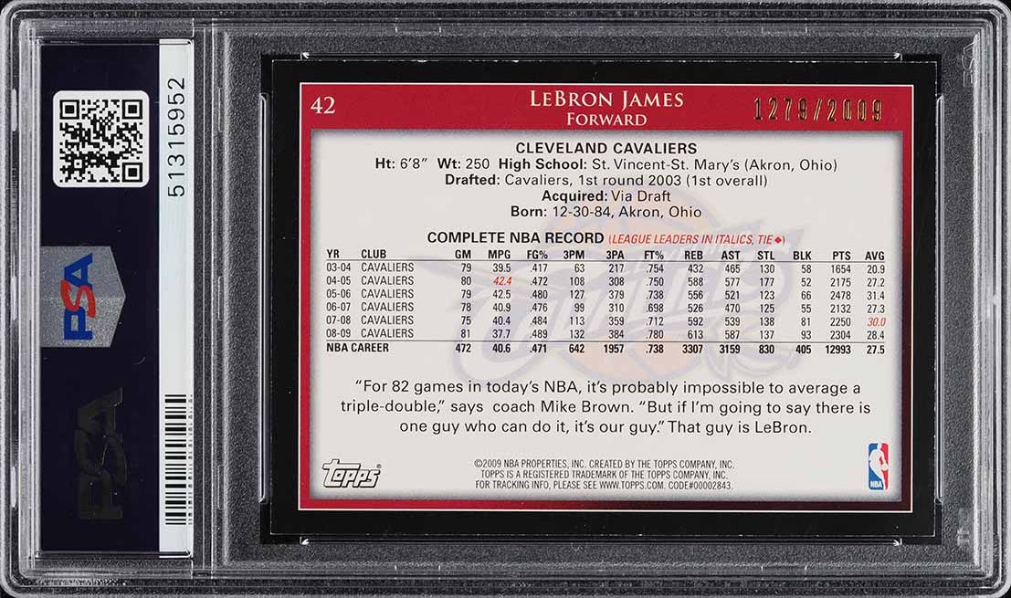 2009 Topps Basketball Gold LeBron James /2009 #42 PSA 8.5 NM-MT+