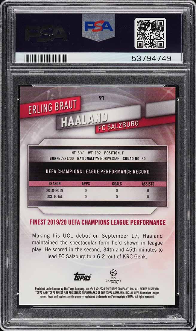 2019 Finest UEFA Blue Refractor Erling Haaland ROOKIE /150 #91 PSA 9 MINT