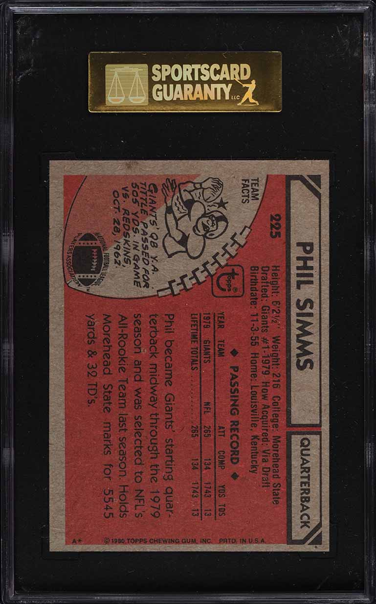 1980 Topps Football Phil Simms ROOKIE #225 SGC 8.5 NM-MT+