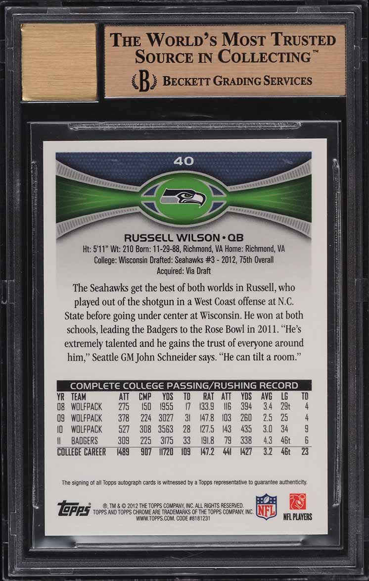 2012 Topps Chrome Russell Wilson ROOKIE AUTO #40 BGS 9.5 GEM MINT