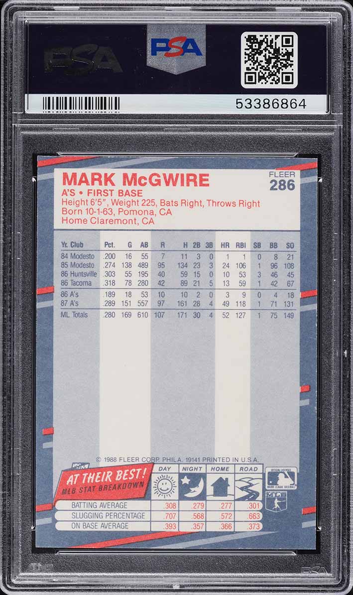 1988 Fleer Glossy Mark McGwire #286 PSA 10 GEM MINT