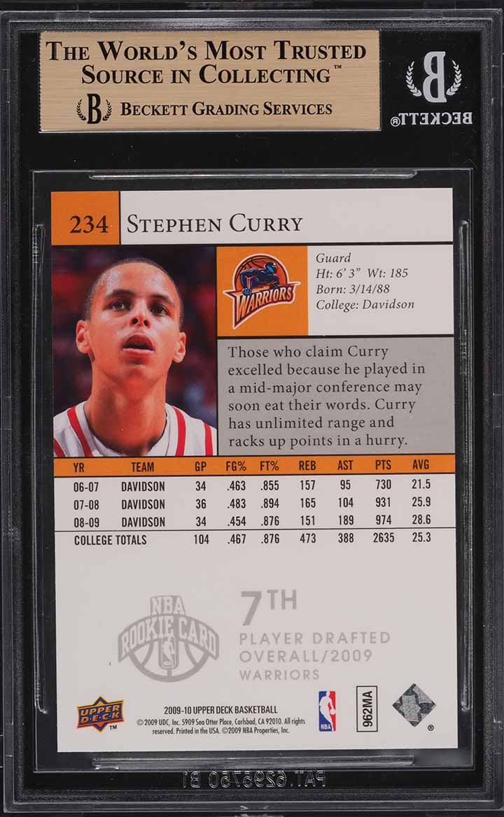 2009 Upper Deck Basketball Stephen Curry SP ROOKIE RC #234 BGS 9.5