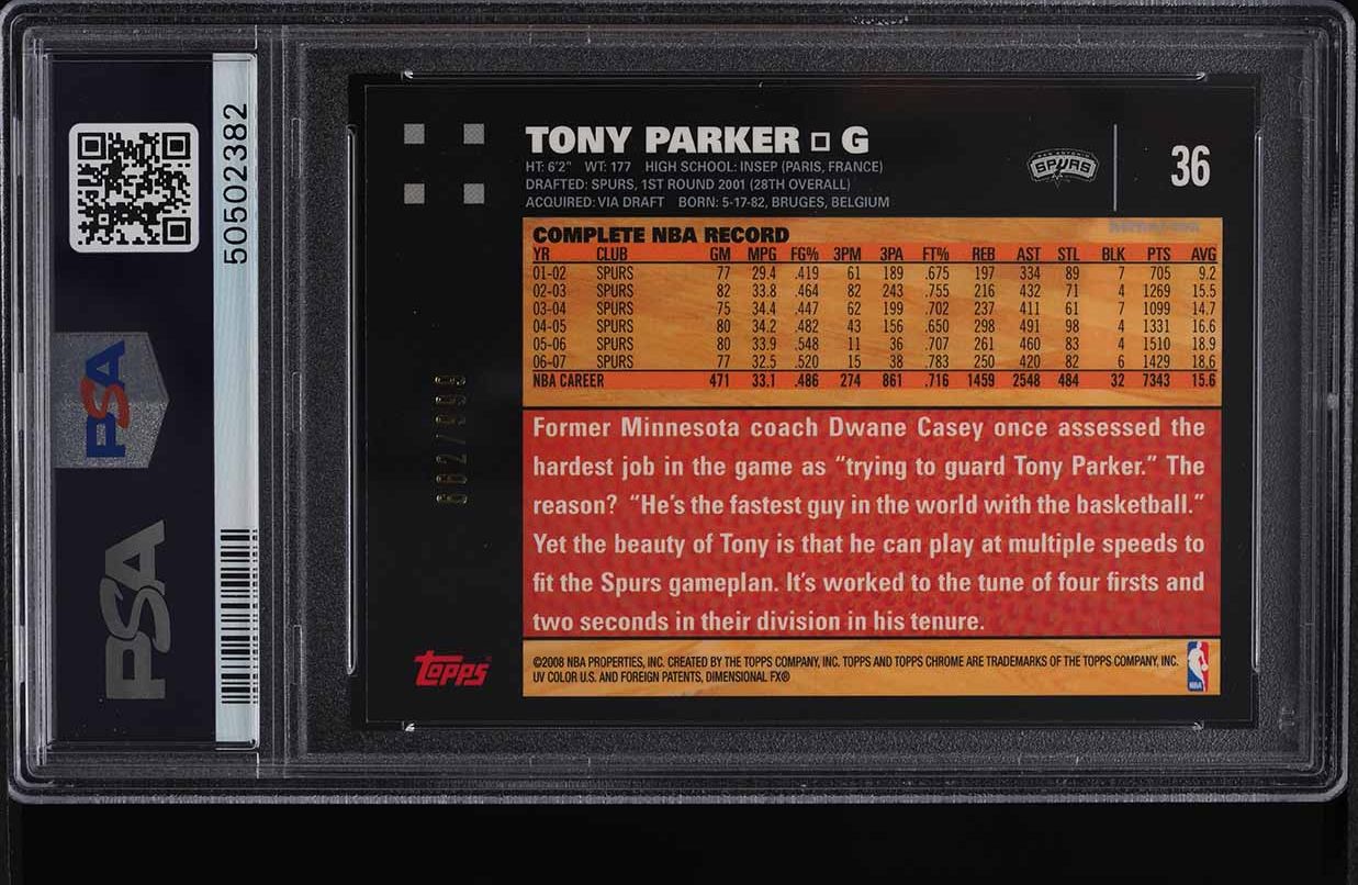 2007 Topps Chrome Refractor Tony Parker /999 #36 PSA 9 MINT
