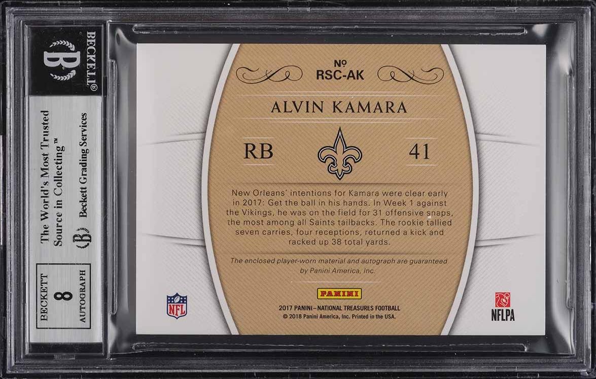 2017 National Treasures Alvin Kamara ROOKIE PATCH AUTO /25 #RSC-AK BGS 8.5 NM-MT+