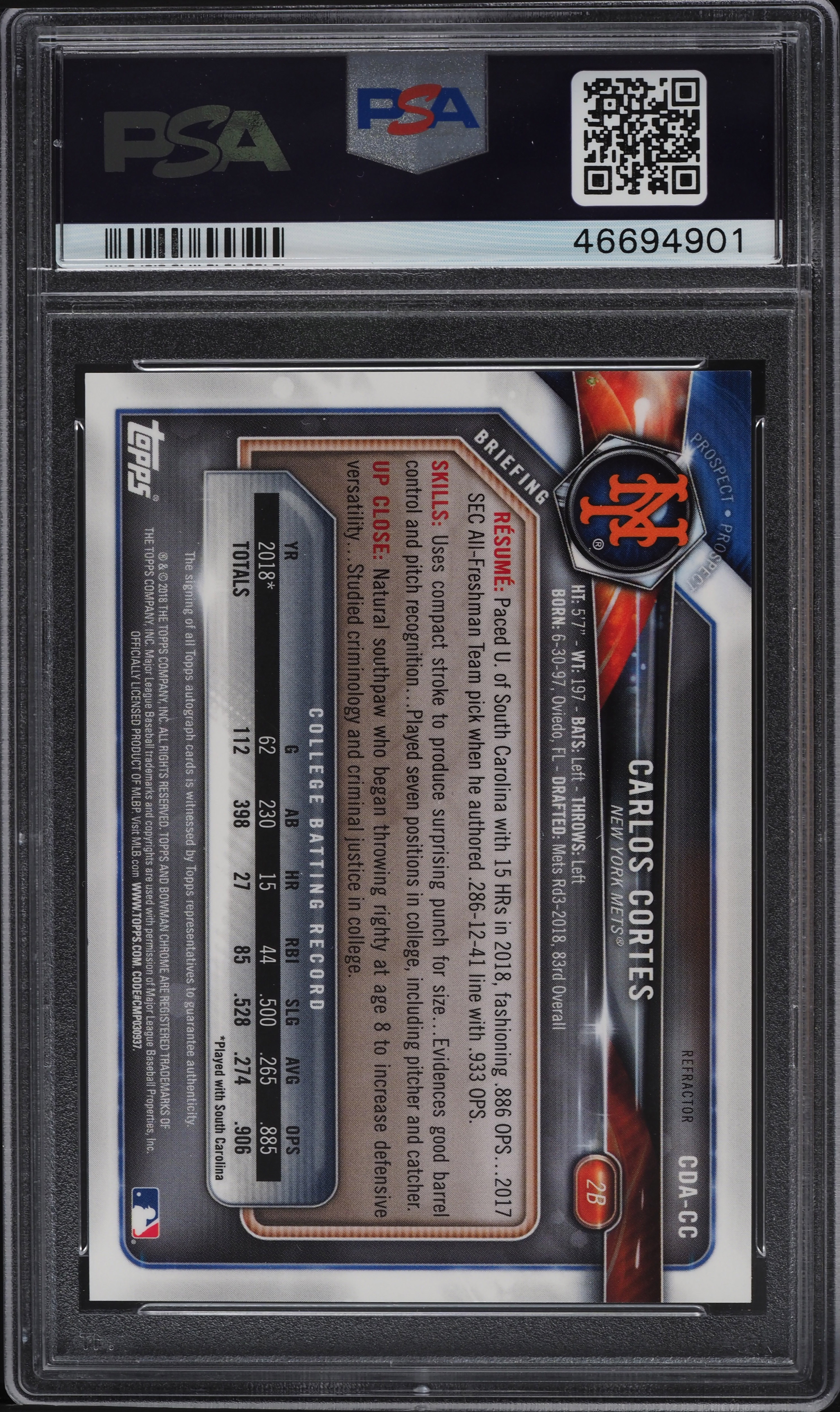2018 Bowman Chrome Refractor Carlos Cortes ROOKIE AUTO /499 #CDA 