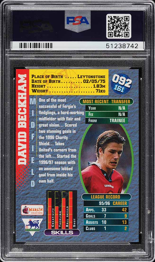 1997 Merlin's Premier Gold David Beckham ROOKIE #92 PSA 8 NM-MT on