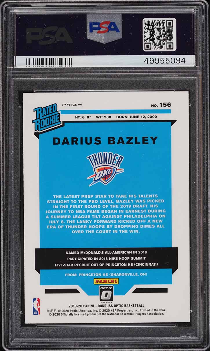 2019 Donruss Optic Holo Darius Bazley ROOKIE RC #156 PSA 10 GEM MINT