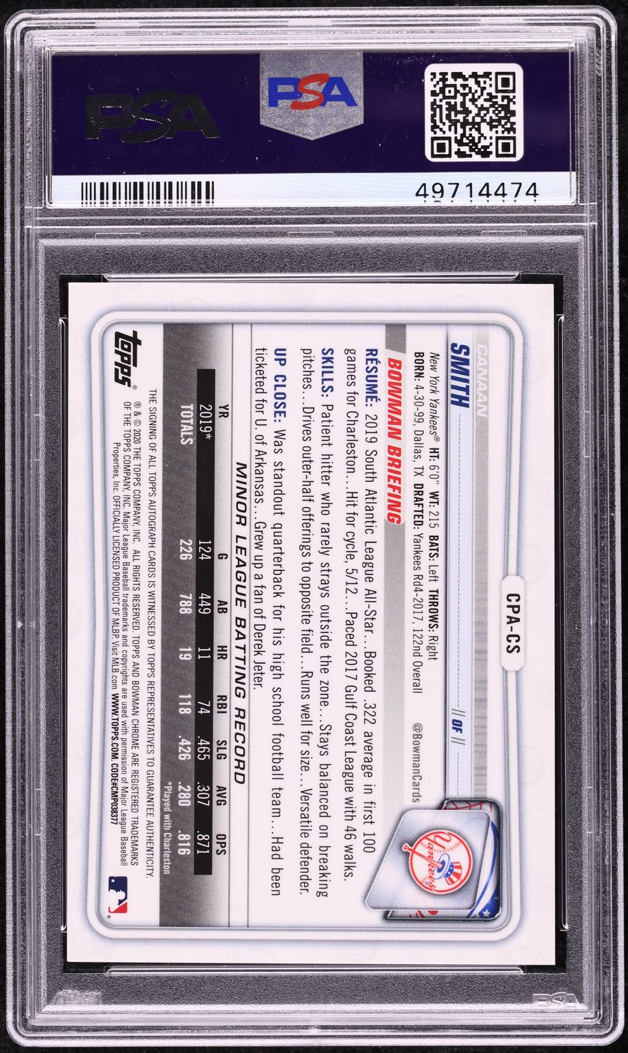 2020 Bowman Chrome Blue Refractor Canaan Smith PROSPECT AUTO /150 #CPA-CS PSA 9