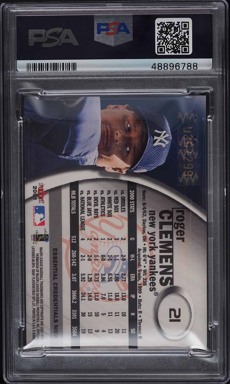 2001 Skybox E-X Essential Credentials Now Roger Clemens /299 #21 PSA 9 MINT