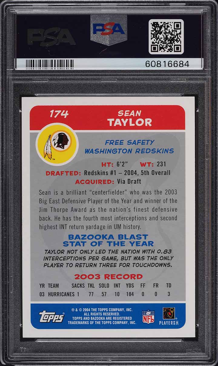 2004 Bazooka Football Sean Taylor ROOKIE #174 PSA 8 NM-MT
