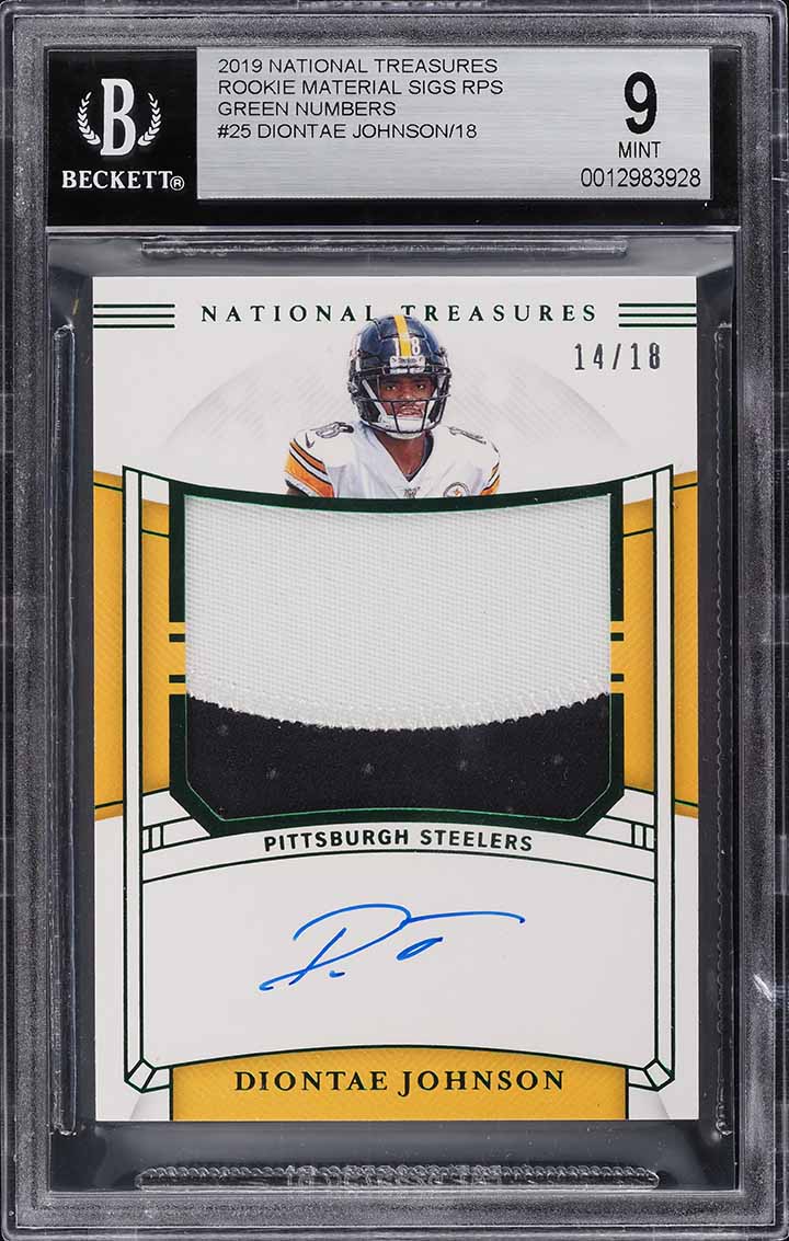 2019 National Treasures Green Diontae Johnson ROOKIE PATCH AUTO /18 BGS 9 MINT