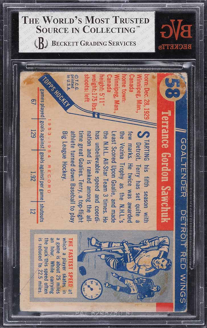 1954 Topps Hockey Terry Sawchuk #58 BVG 2 GD