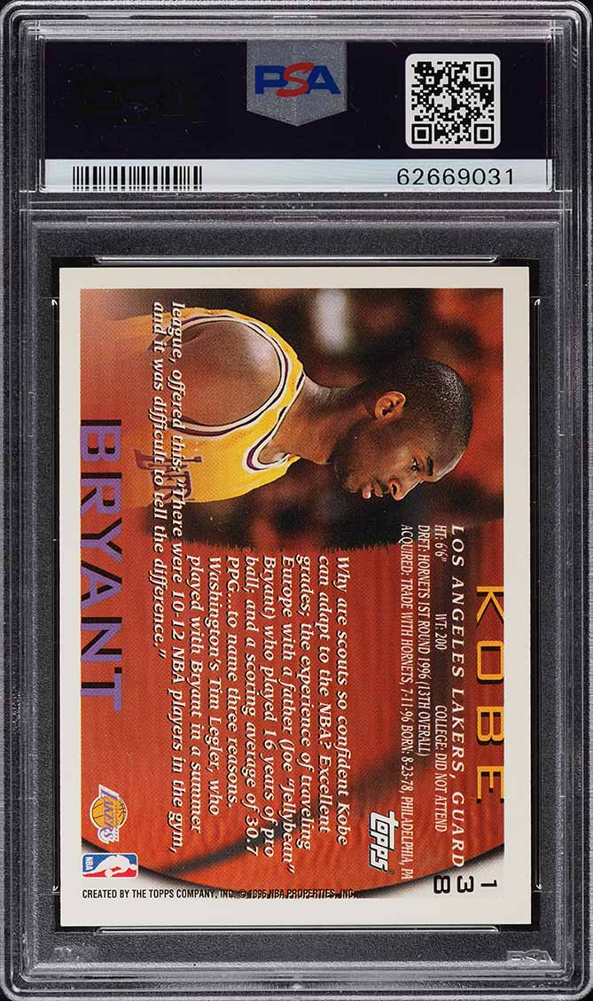 1996 Topps Basketball Kobe Bryant ROOKIE #138 PSA 10 GEM MINT