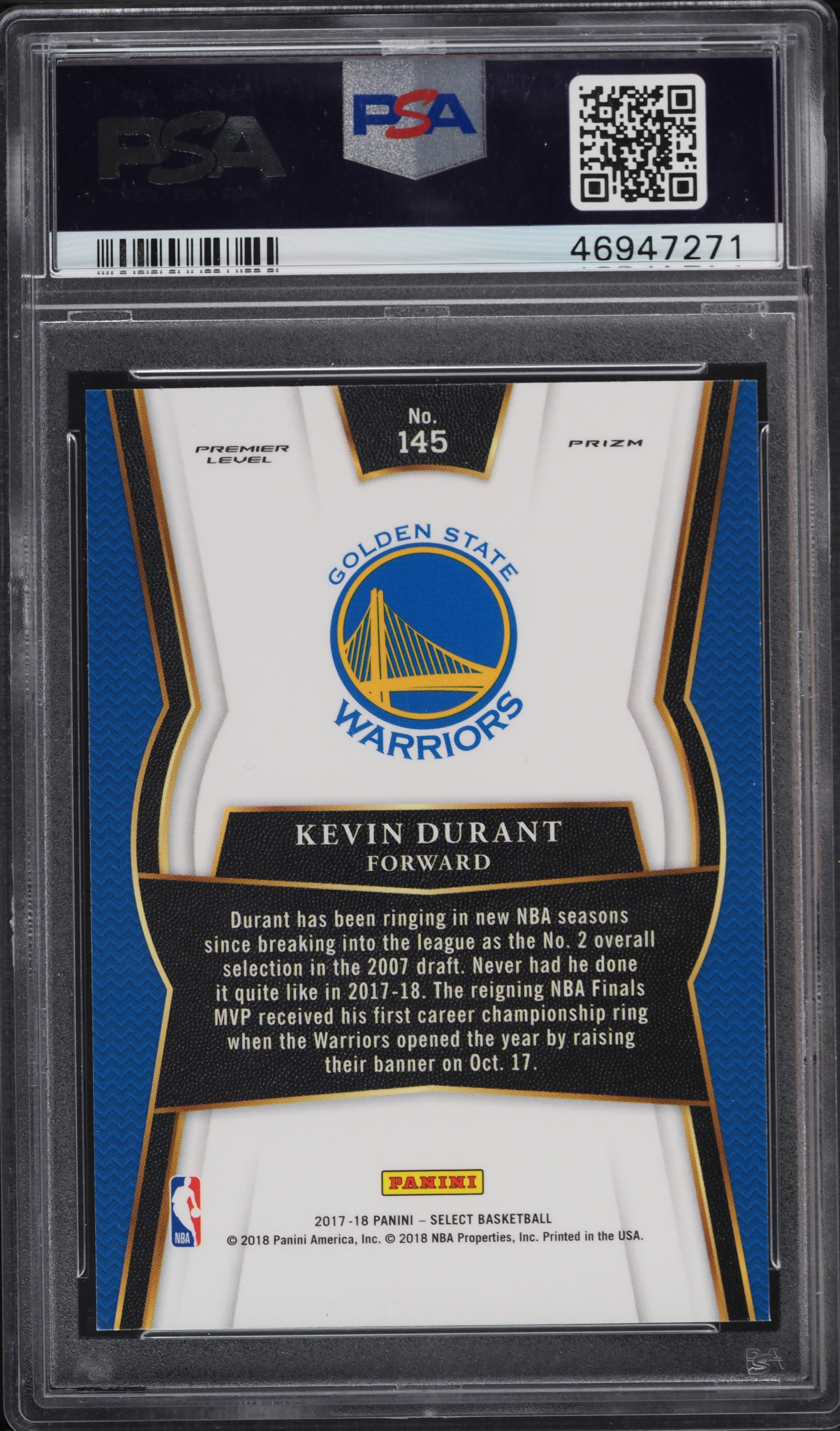 2017 Select Premier Level Zebra Prizm Kevin Durant #145 PSA 10 GEM