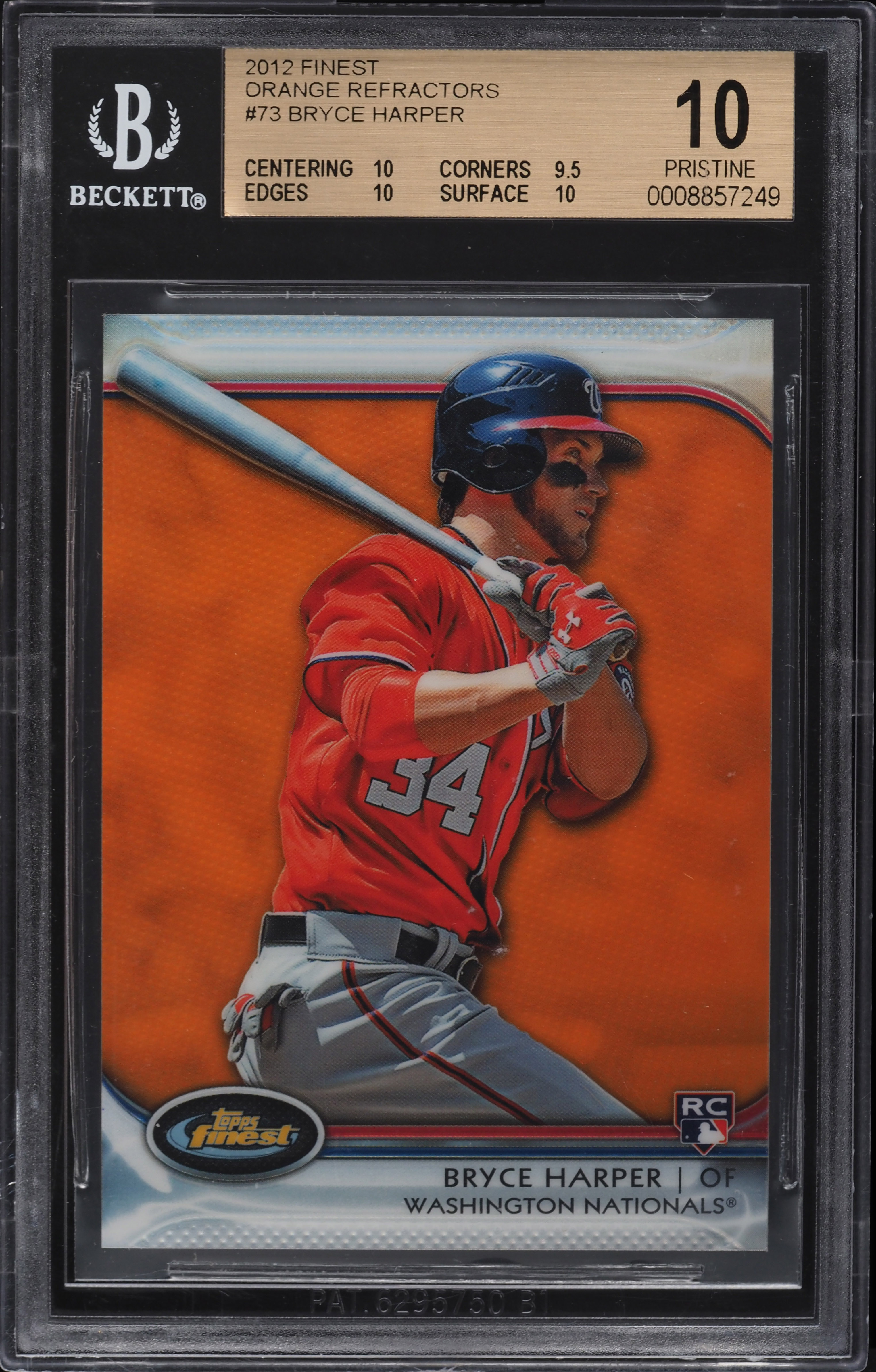 2012 Finest Orange Refractor Bryce Harper ROOKIE RC /99 #73 BGS 10