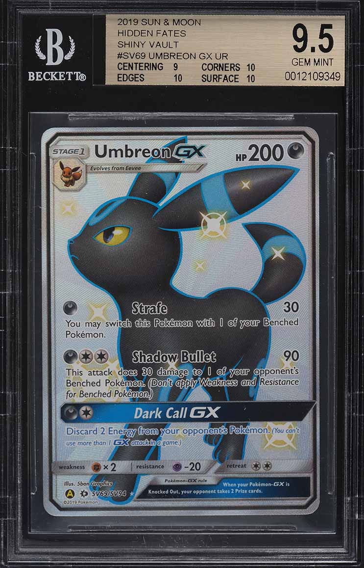 umbreon gx pokemon card price 2019 Sun & Moon Hidden Fates Full Art #SV69 PSA Authenticated 10 Colorless Shadow Bullet (90) This attack does 30 damage to 1 of your opponents Benched Pokmon Umbreon & Darkrai GX 2019