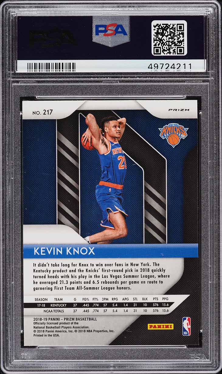 2018 Panini Prizm Silver Kevin Knox ROOKIE #217 PSA 10 GEM MINT