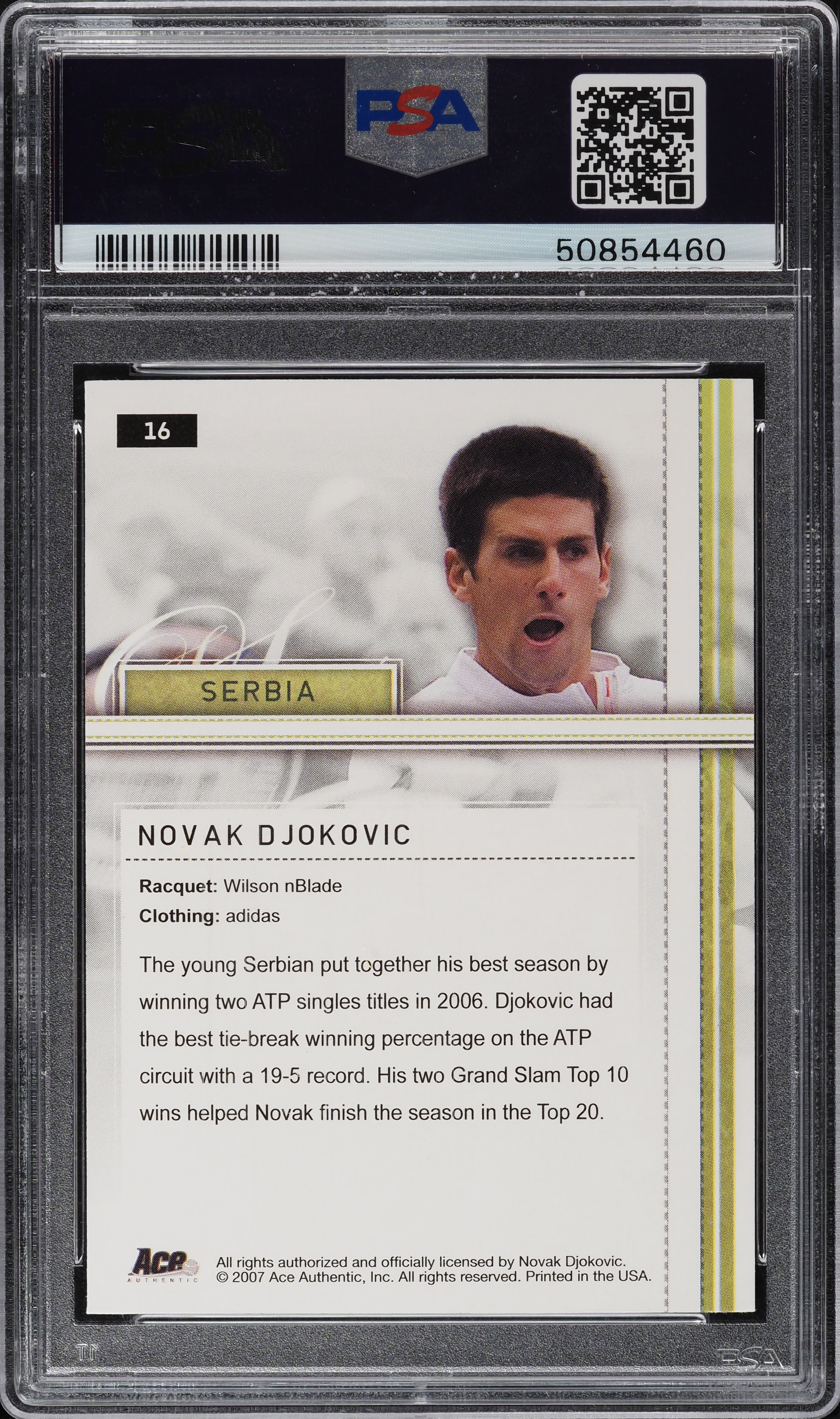 2007 Ace Authentic Straight Sets Novak Djokovic #16 PSA 10 GEM