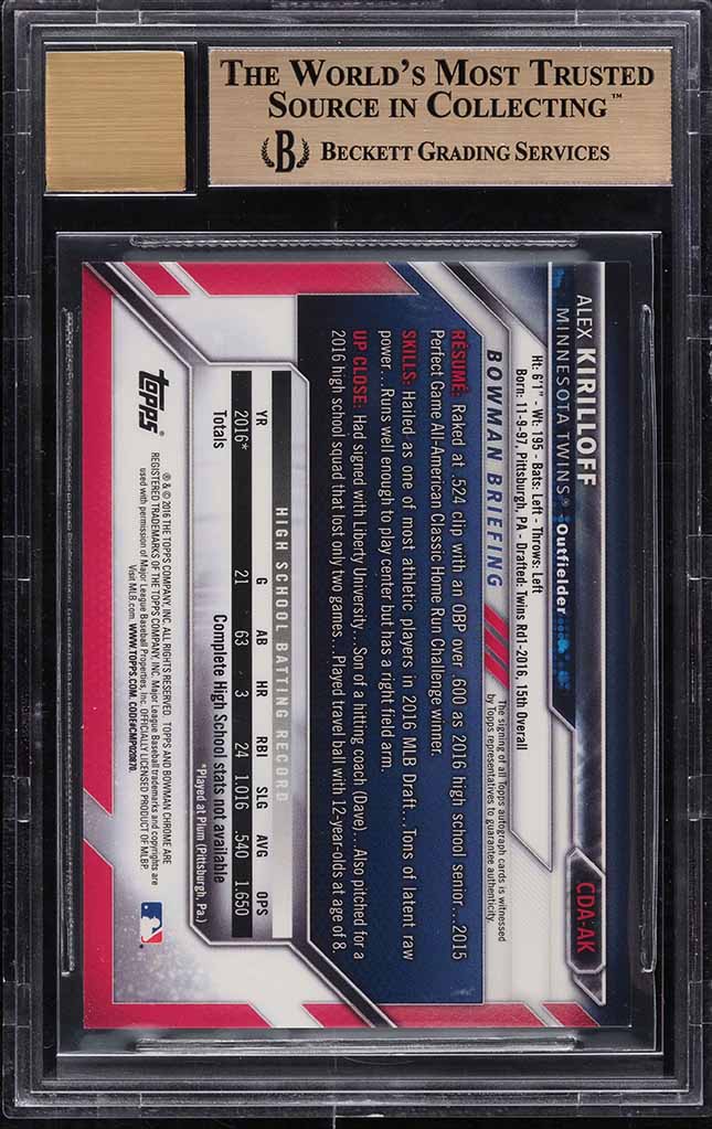 2016 Bowman Chrome Draft Pick Alex Kirilloff ROOKIE RC AUTO BGS 9.5 GEM MINT