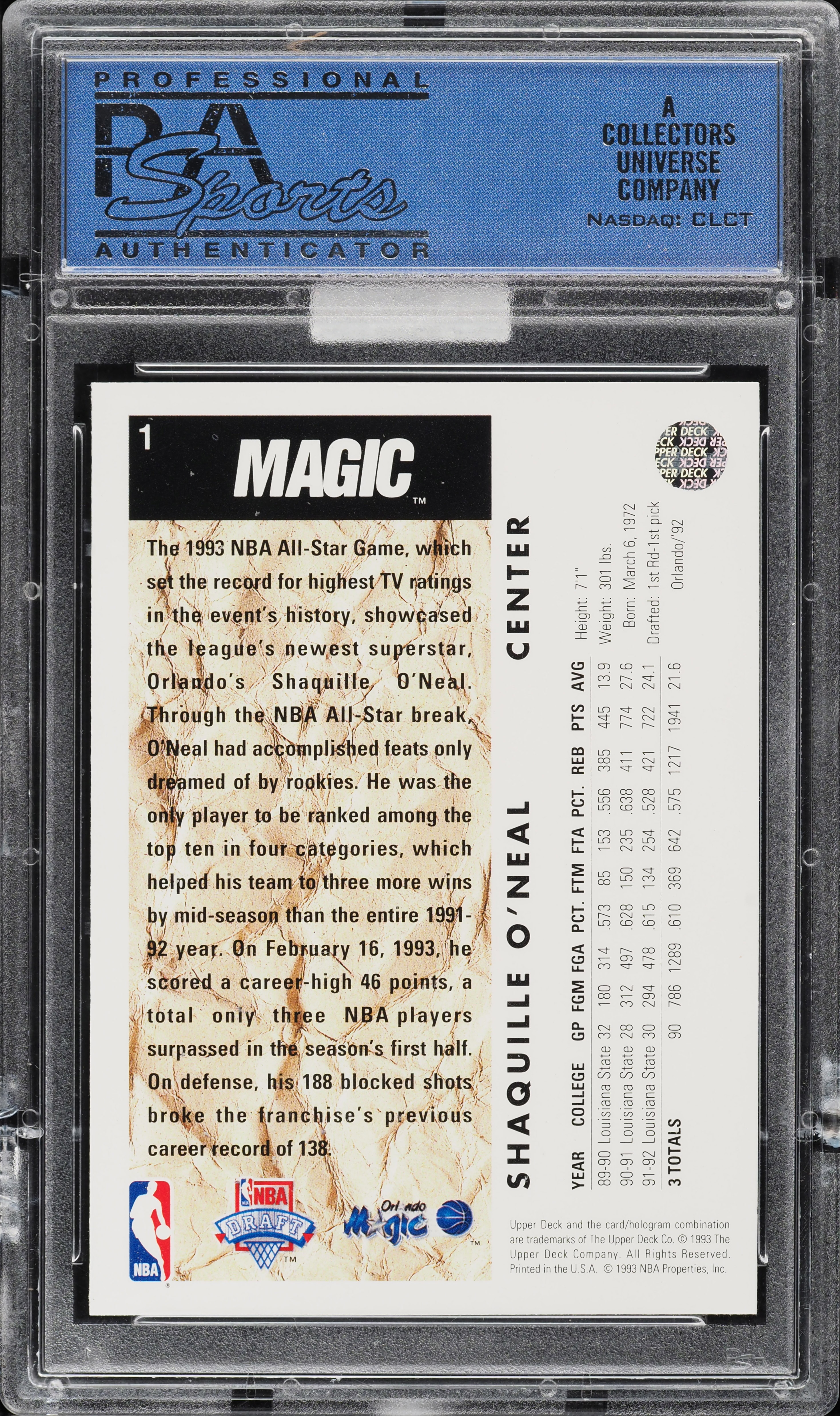 1992 Upper Deck Basketball Shaquille O'Neal ROOKIE #1 MBA PSA 10