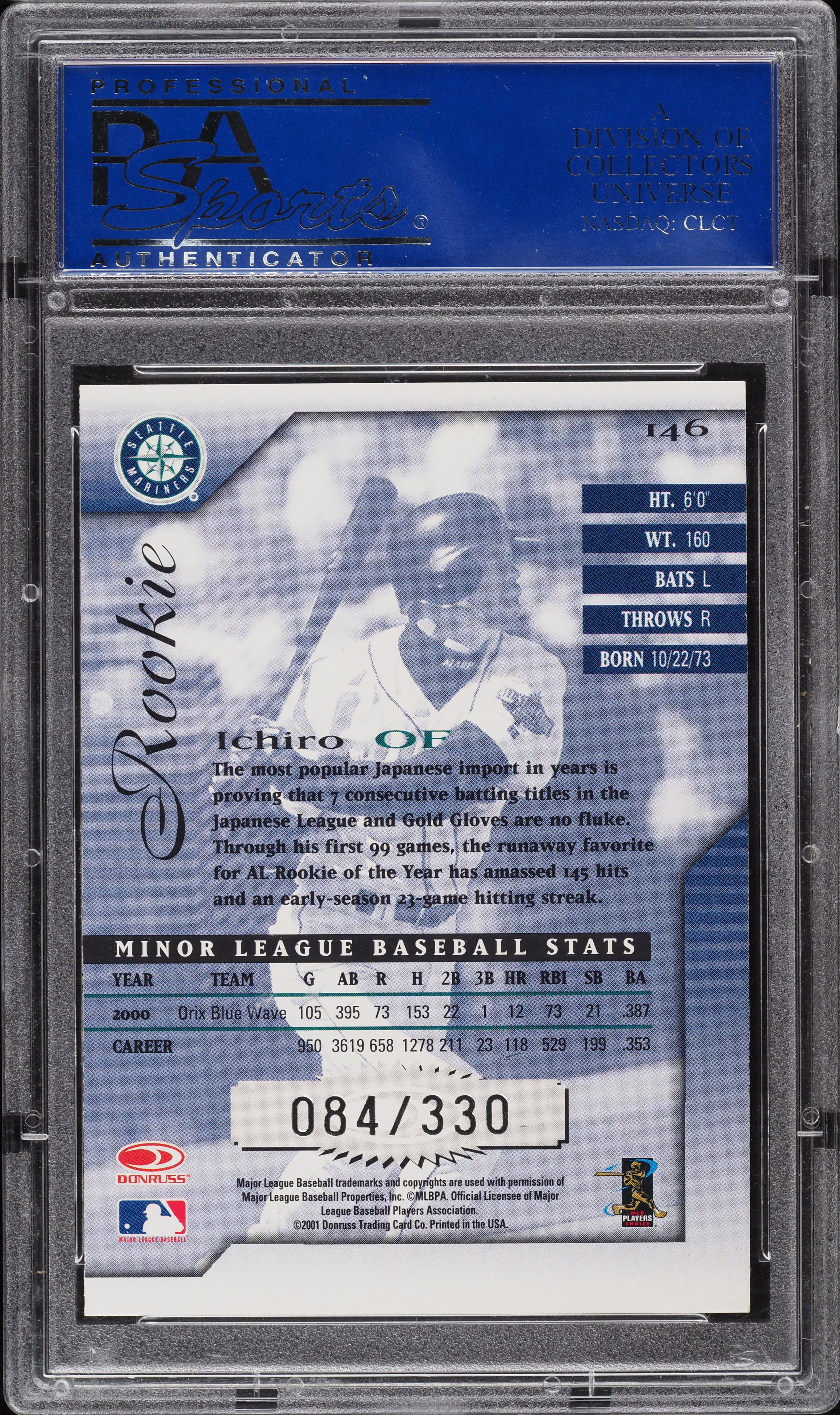 2001 Donruss Signature Ichiro Suzuki ROOKIE /330 #146 PSA 10 GEM