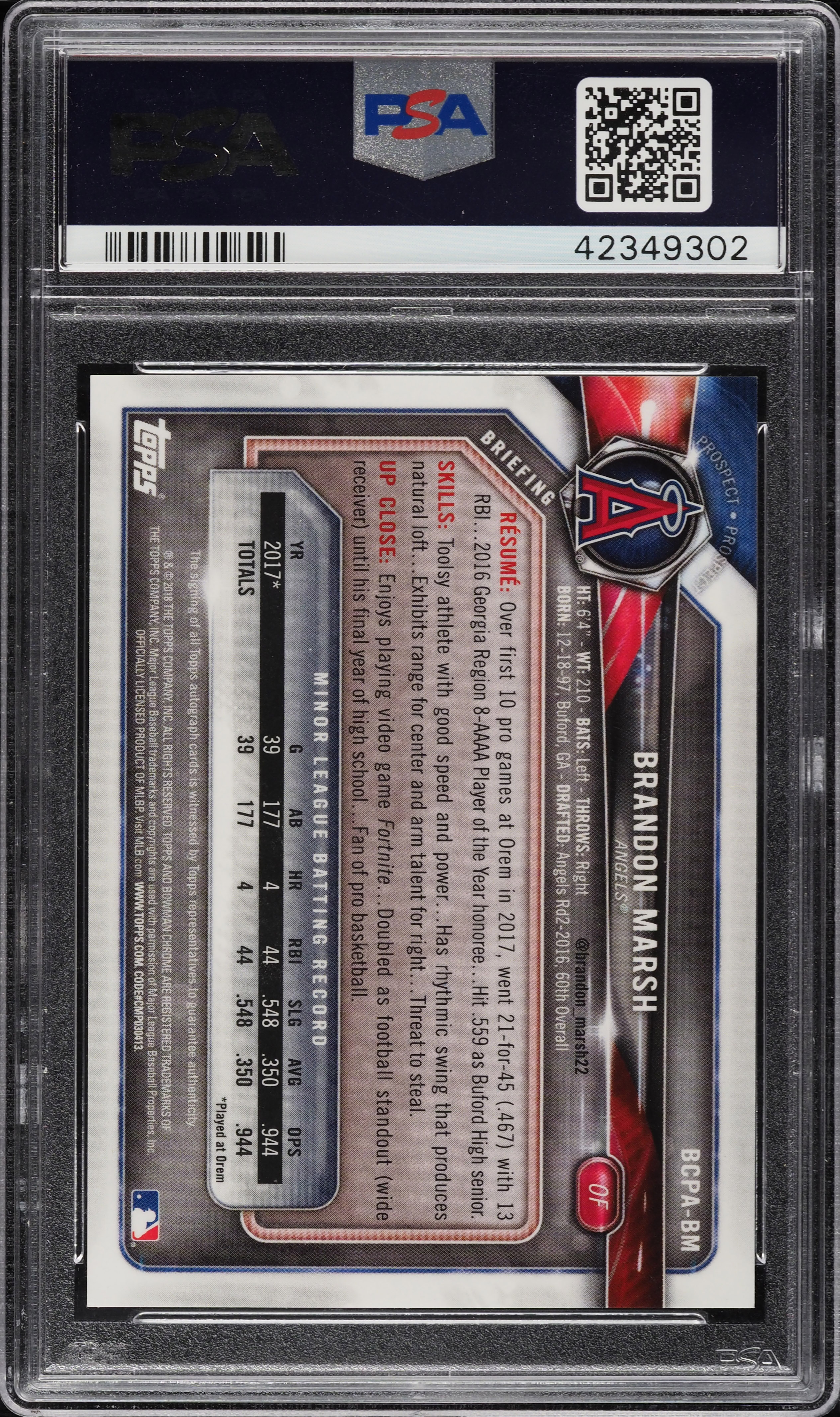 2018 Bowman Chrome Gold Refractor Brandon Marsh ROOKIE RC AUTO /50