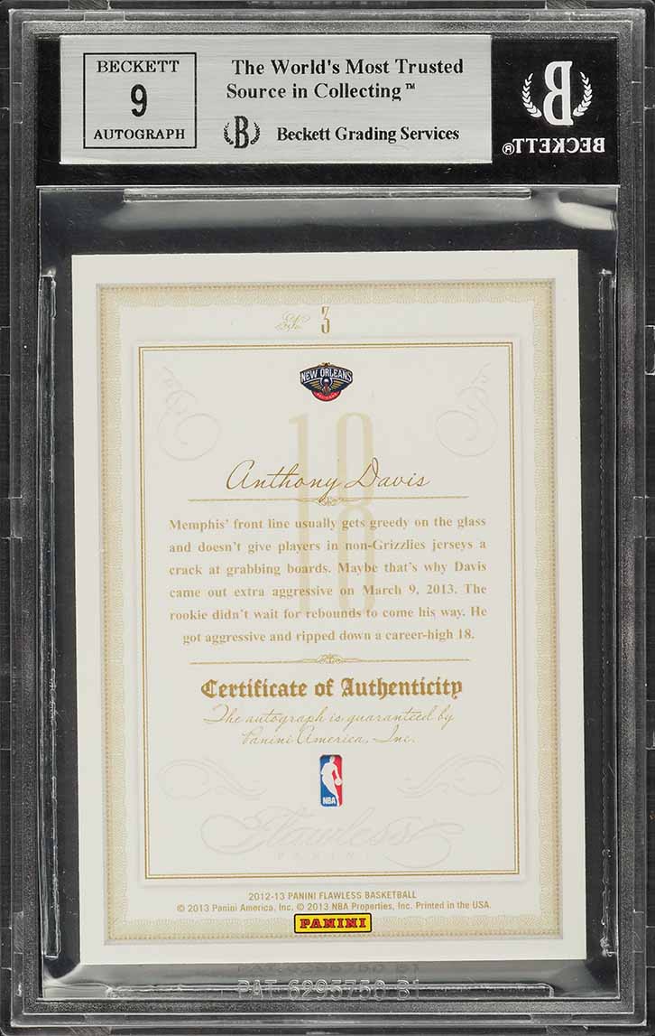 2012 Panini Flawless Benchmarks Platinum Anthony Davis ROOKIE AUTO 1/1 #3 BGS 9