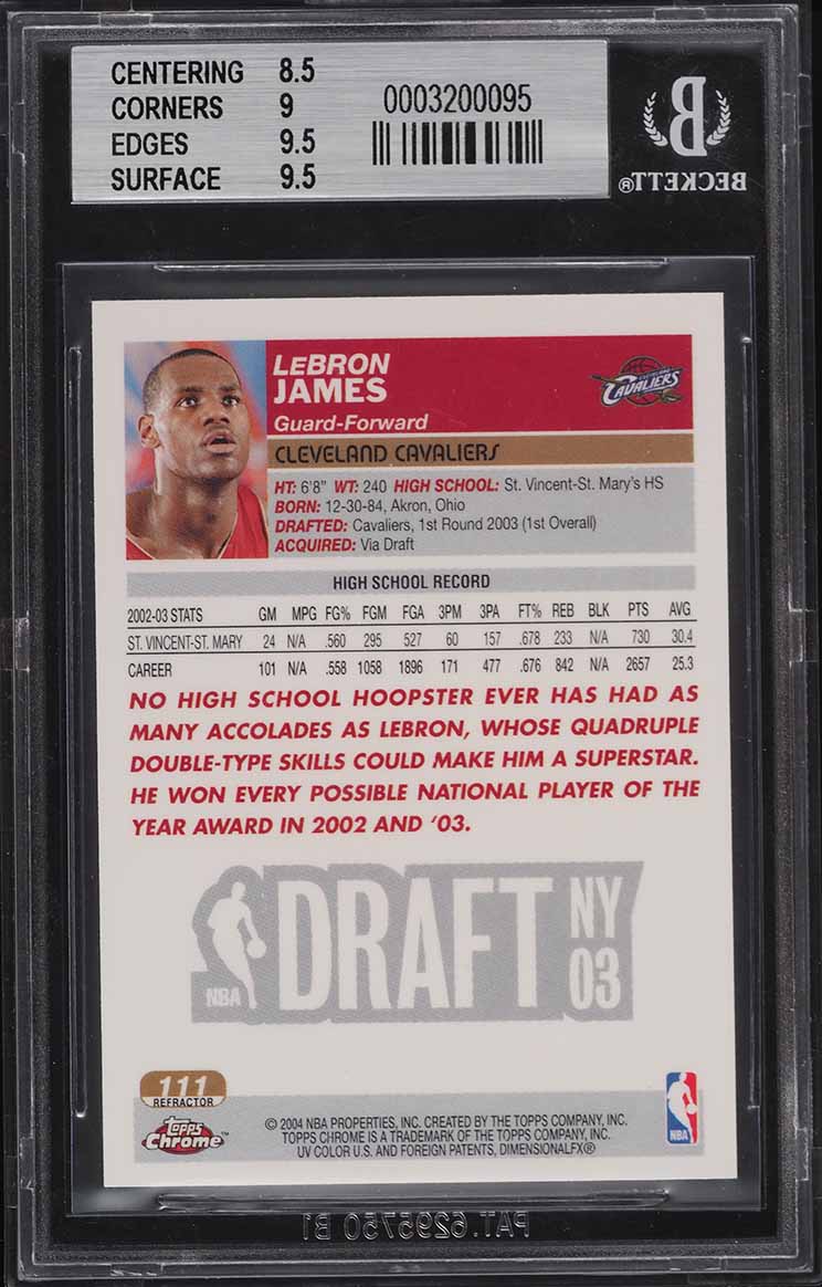 2003 Topps Chrome Refractor LeBron James ROOKIE #111 BGS 9 MINT