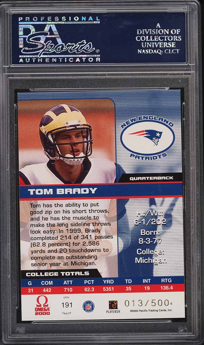 2000 Pacific Omega Tom Brady ROOKIE RC /500 #191 PSA 10 GEM MINT