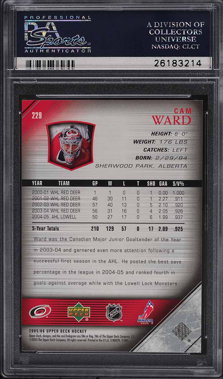2005 Upper Deck Young Guns Cam Ward ROOKIE #229 PSA 10 GEM MINT