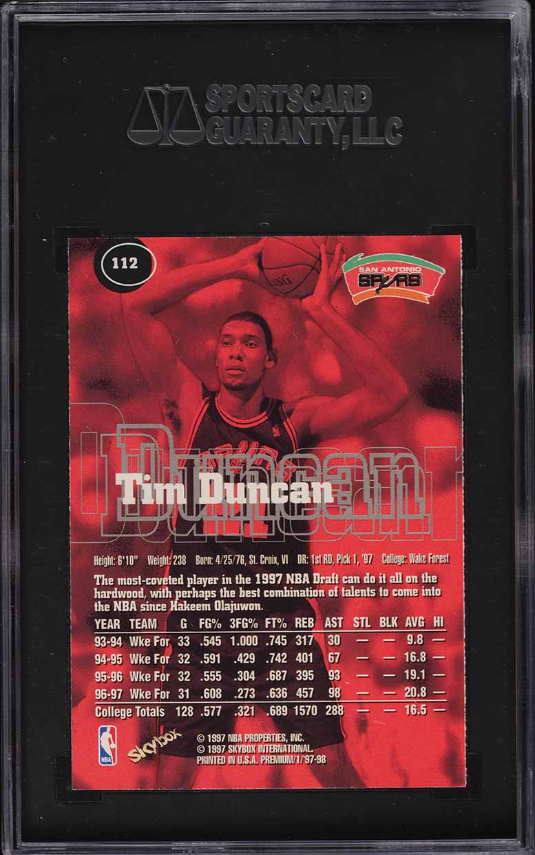 1997 Skybox Premium Tim Duncan ROOKIE #112 SGC 10 GEM MINT