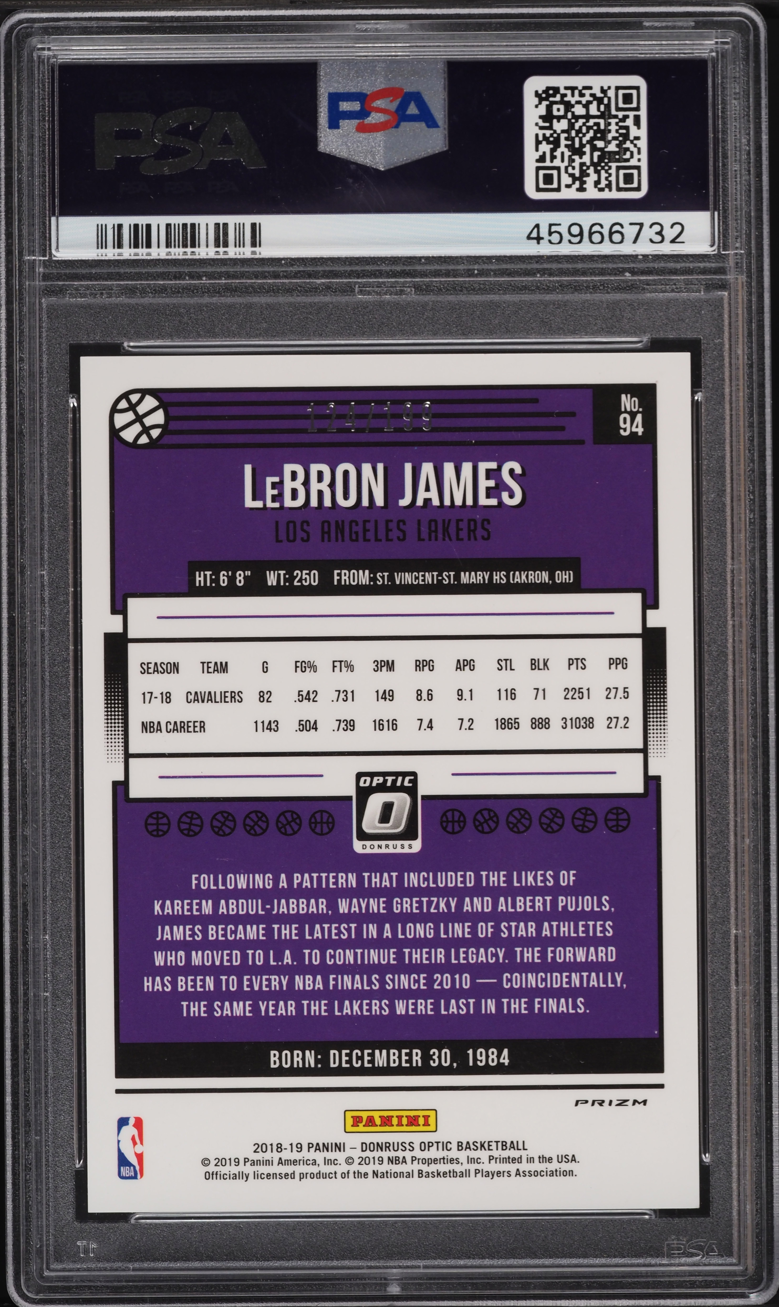2018 Donruss Optic Orange LeBron James /199 #94 PSA 10 GEM MINT on