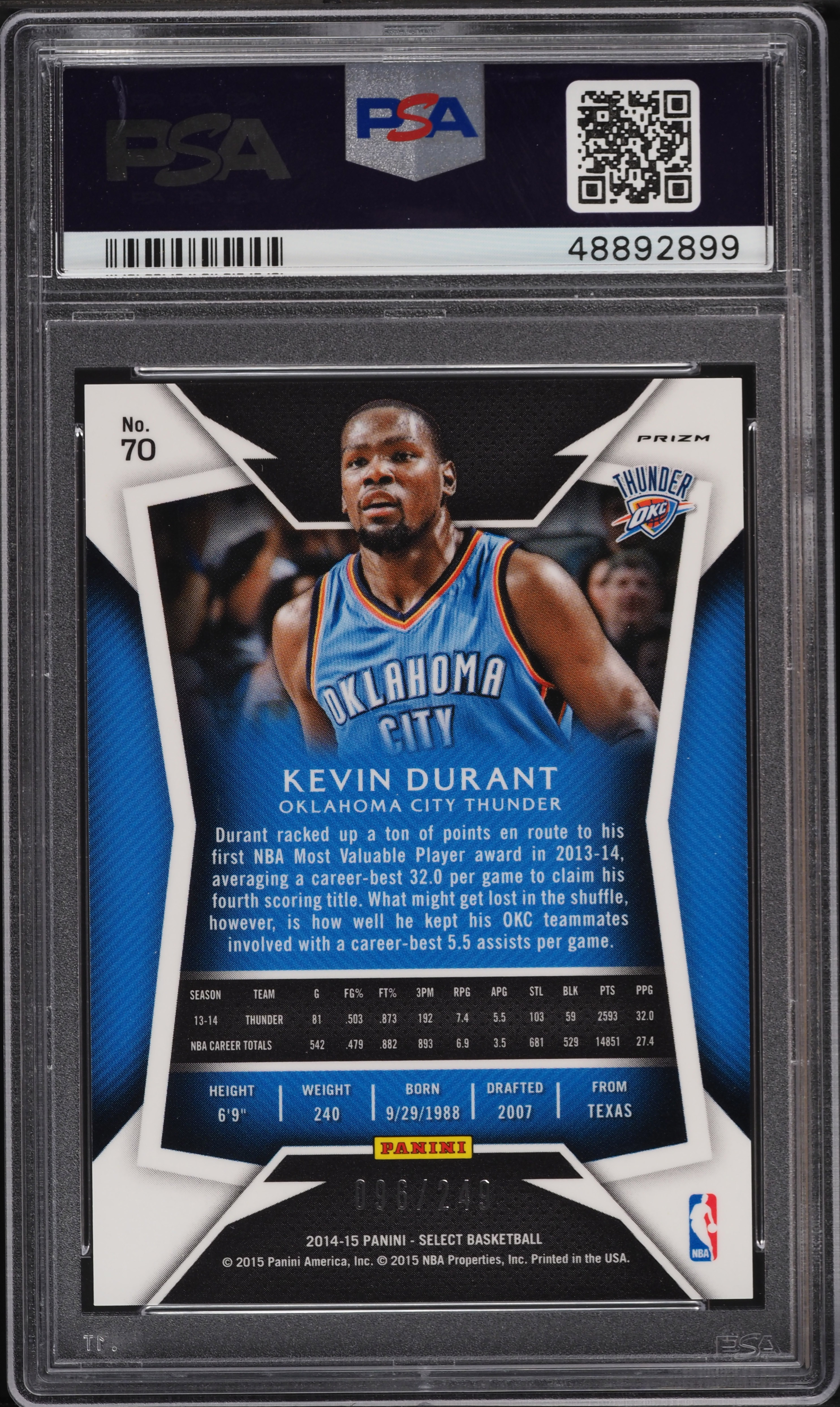 2014 Select Blue Prizm Kevin Durant /249 #70 PSA 10 GEM MINT on