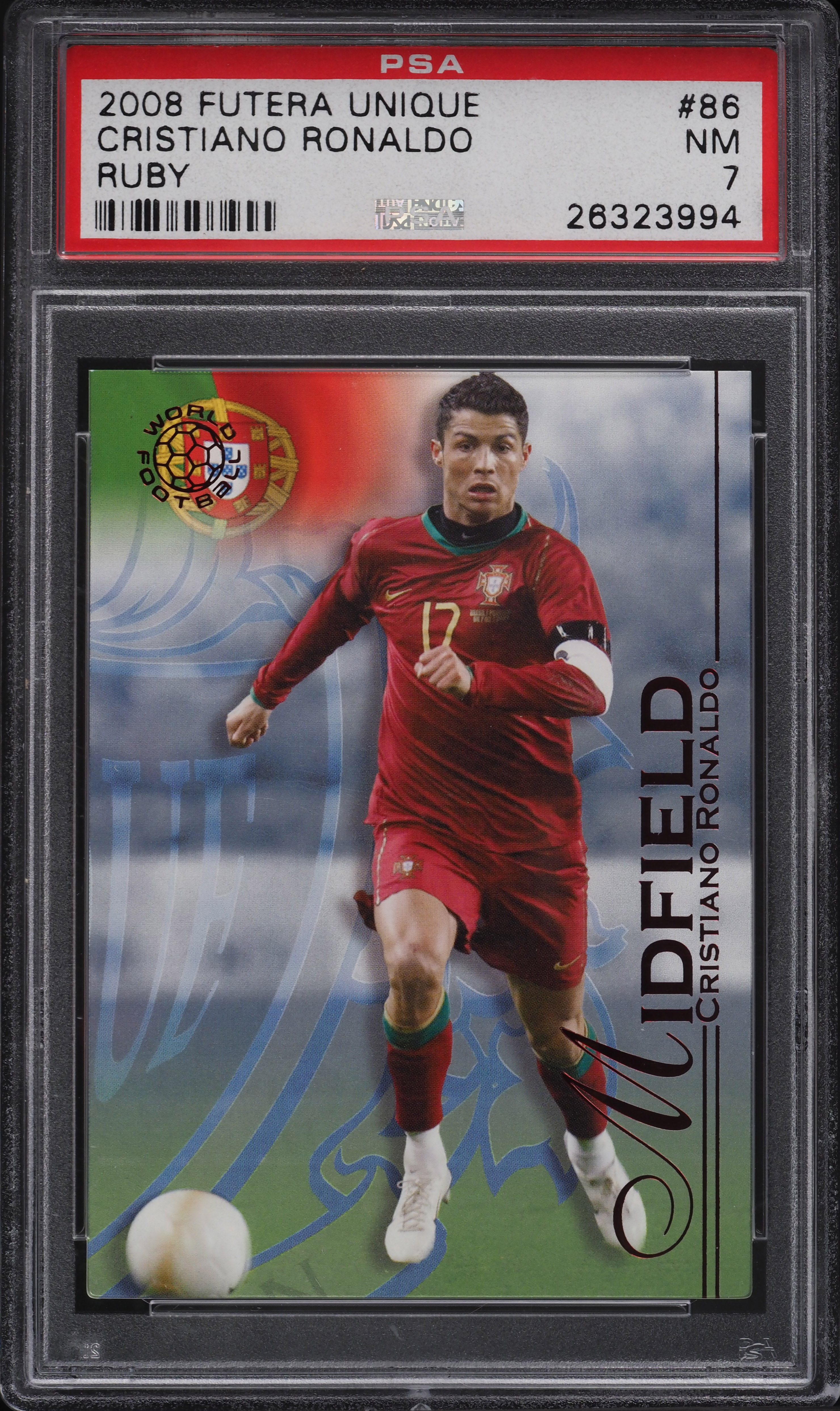 2008 Futera Unique Ruby Cristiano Ronaldo /225 #86 PSA 7 NRMT on