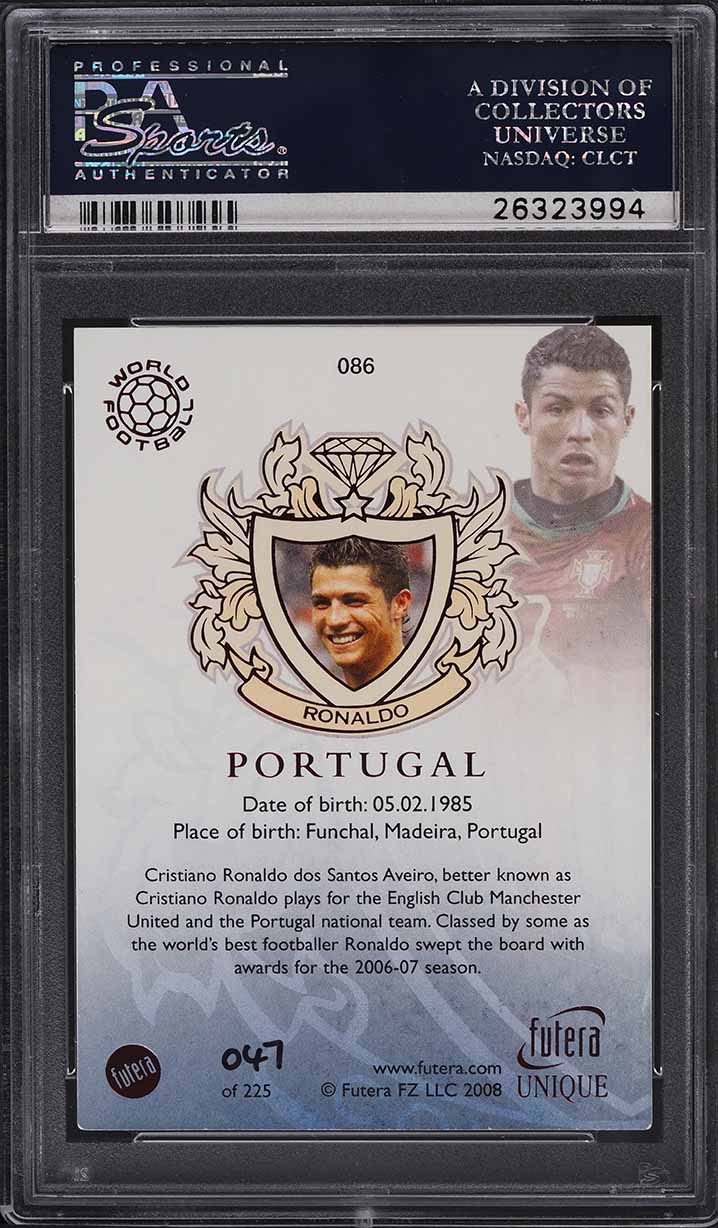 2008 Futera Unique Ruby Cristiano Ronaldo /225 #86 PSA 7 NRMT on