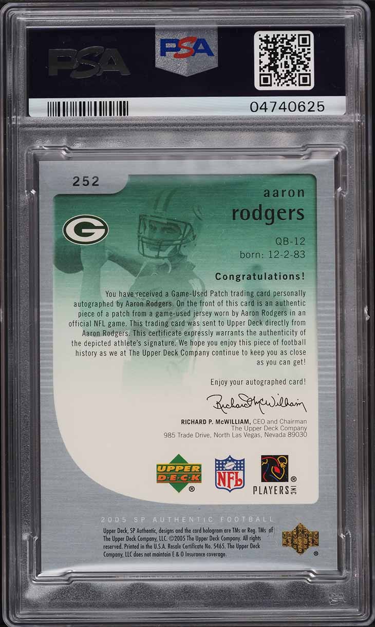 2005 SP Authentic Gold Aaron Rodgers ROOKIE RC PATCH /25 #252 PSA 10 GEM MINT