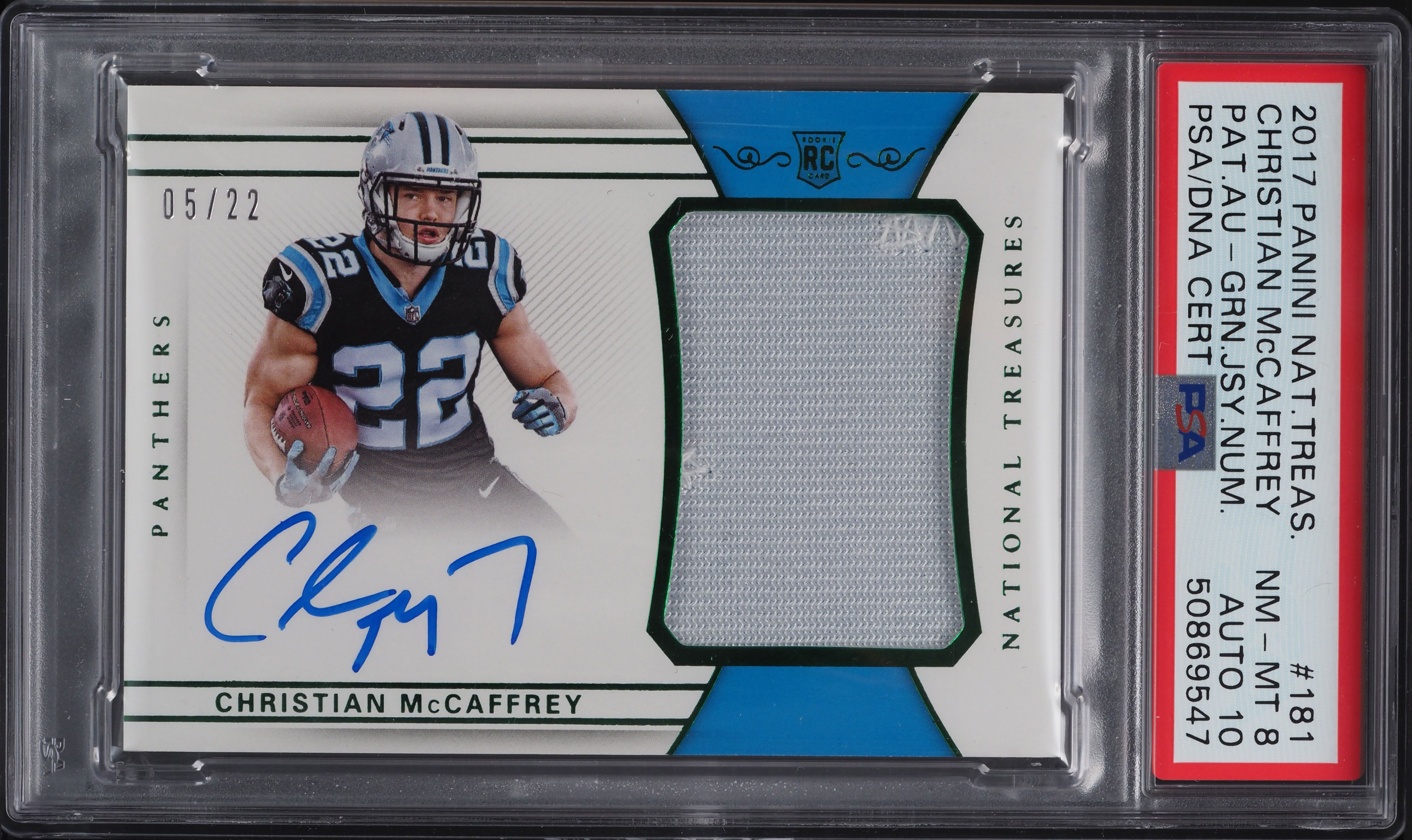 2017 National Treasures Christian McCaffrey RC PATCH PSA/DNA 10