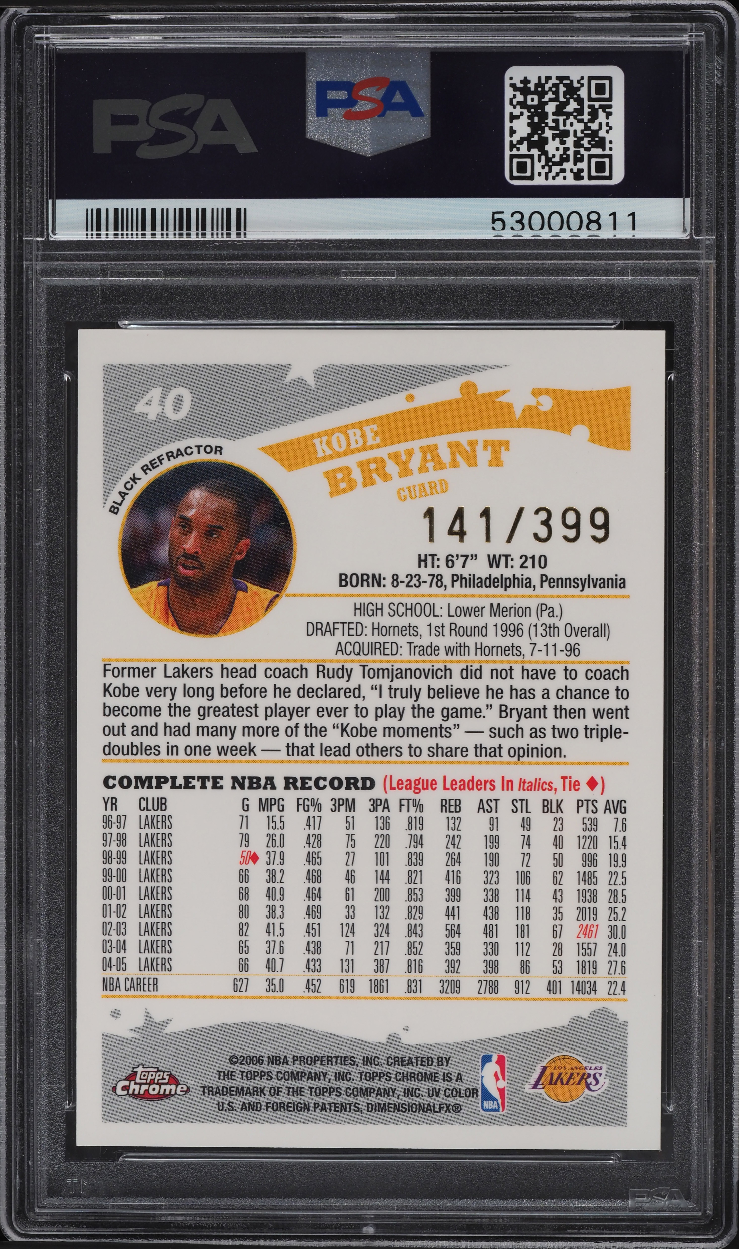 2005 Topps Chrome Black Refractor Kobe Bryant /399 #40 PSA 9 MINT