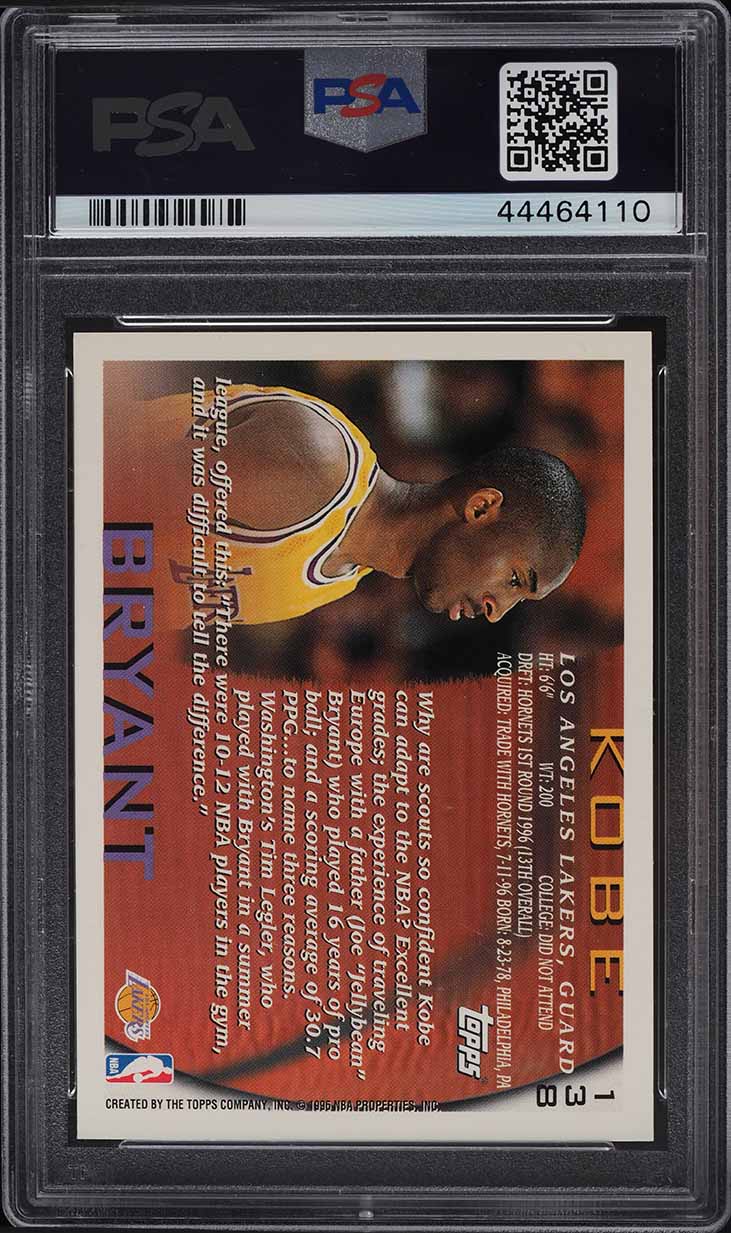1996 Topps Basketball Kobe Bryant ROOKIE #138 PSA 10 GEM MINT